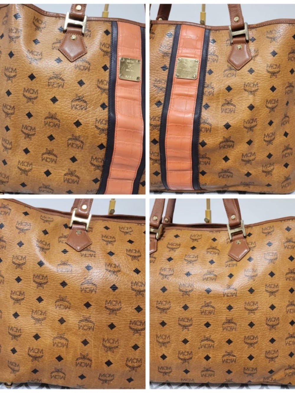 Authentic MCM Visetos Shopper Stripe XL Tote Bag Brown/Peach - Picture 10 of 14